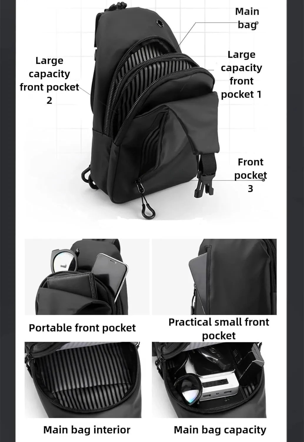 Large-capacity multi-compartment storage bag, portable outdoor shoulder bag, equipped with headphones and a USB charging port.(Black earphones, charging double-layer zipper model.)