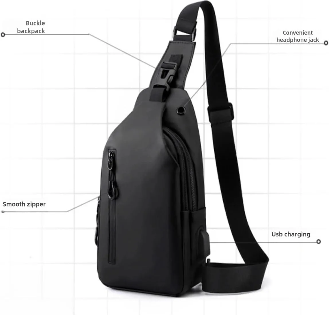 Large-capacity multi-compartment storage bag, portable outdoor shoulder bag, equipped with headphones and a USB charging port.(Black earphones, charging double-layer zipper model.)