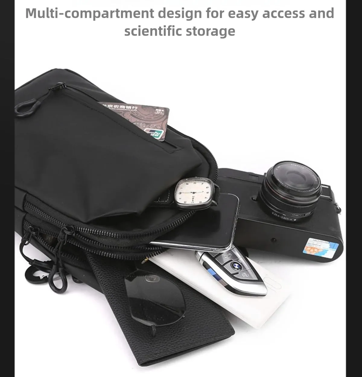 Large-capacity multi-compartment storage bag, portable outdoor shoulder bag, equipped with headphones and a USB charging port.(Black earphones, charging double-layer zipper model.)