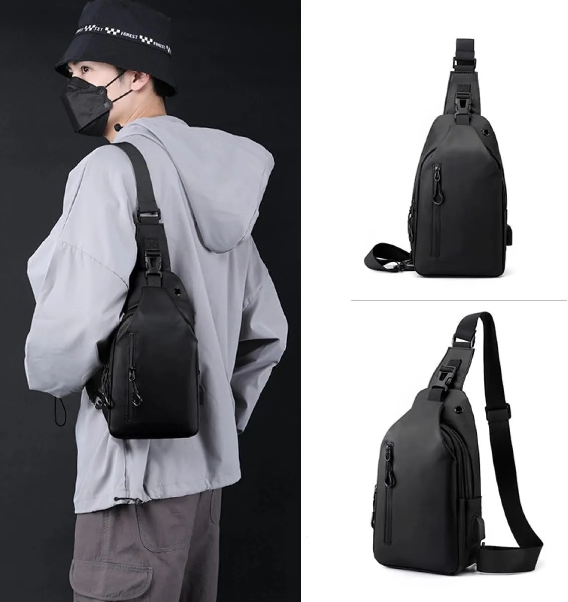 Large-capacity multi-compartment storage bag, portable outdoor shoulder bag, equipped with headphones and a USB charging port.(Black earphones, charging double-layer zipper model.)