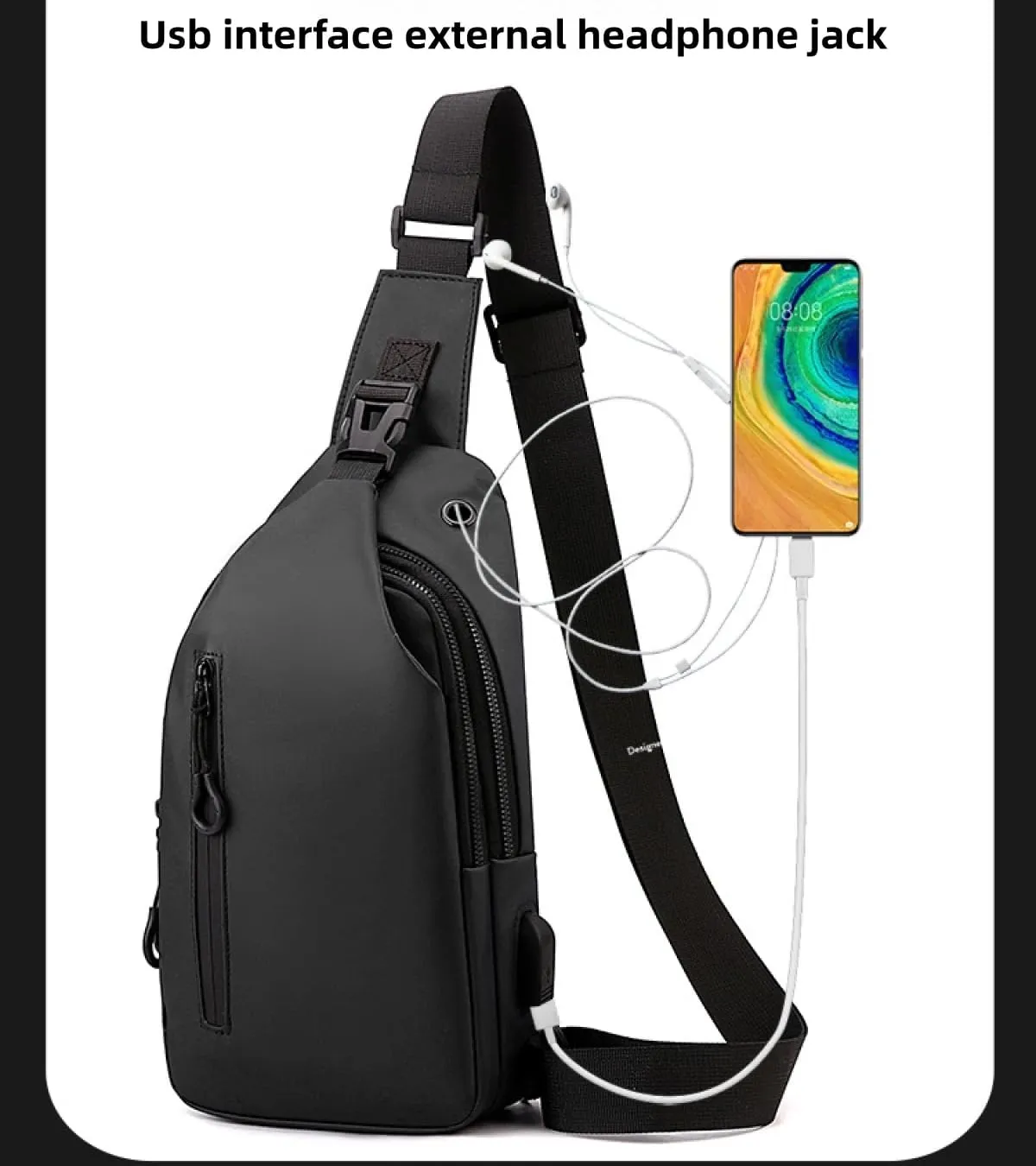 Large-capacity multi-compartment storage bag, portable outdoor shoulder bag, equipped with headphones and a USB charging port.(Black earphones, charging double-layer zipper model.)
