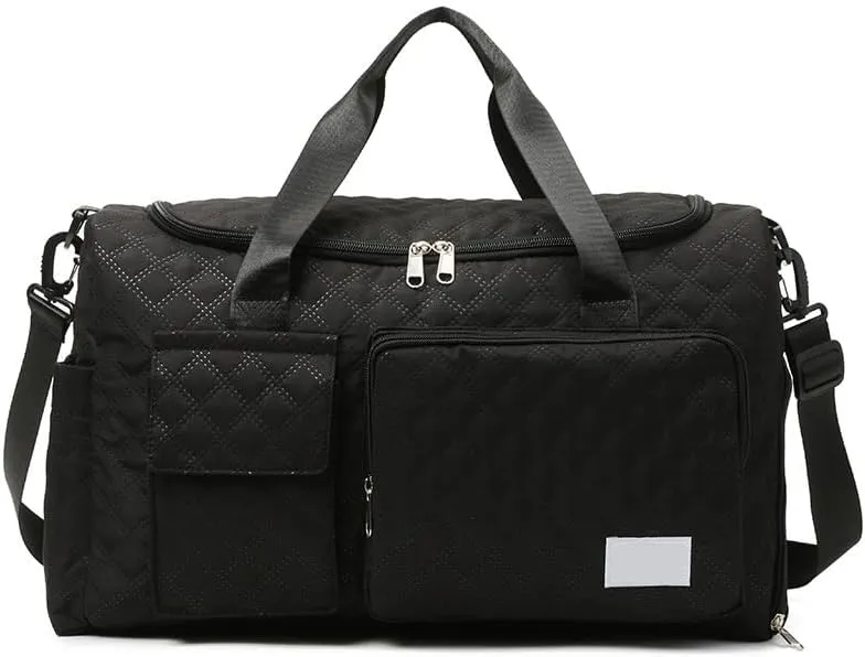 Large Capacity Travel Bag Waterproof Foldable Duffle Bag Gym Tote with Compartments for Women Men Sports Overnight Weekender (Black)