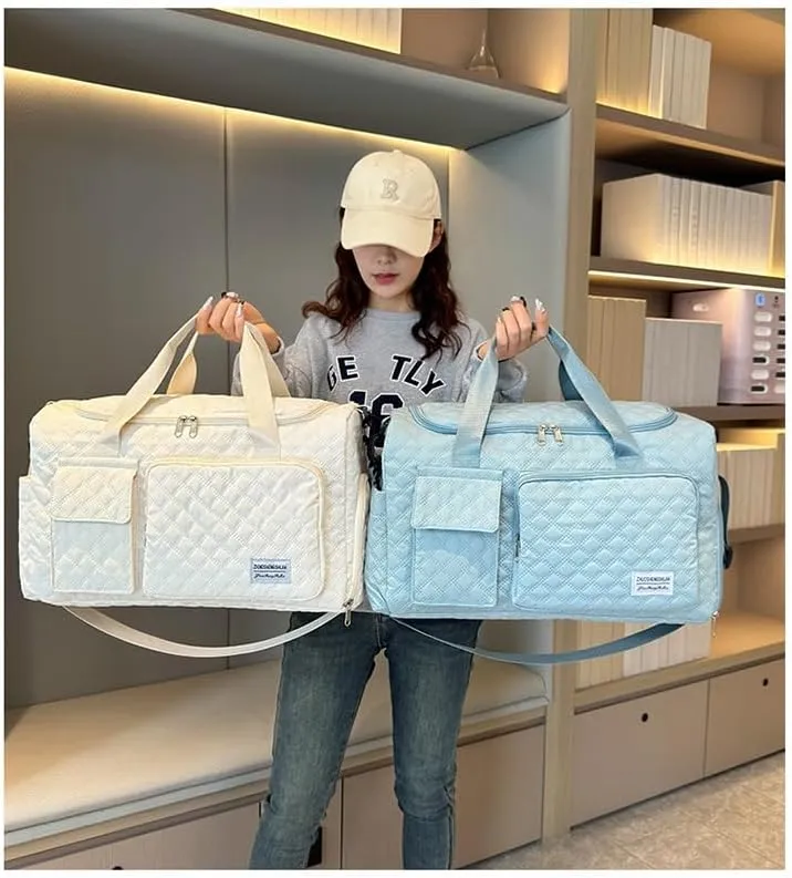Large Capacity Travel Bag Waterproof Foldable Duffle Bag Gym Tote with Compartments for Women Men Sports Overnight Weekender (White)