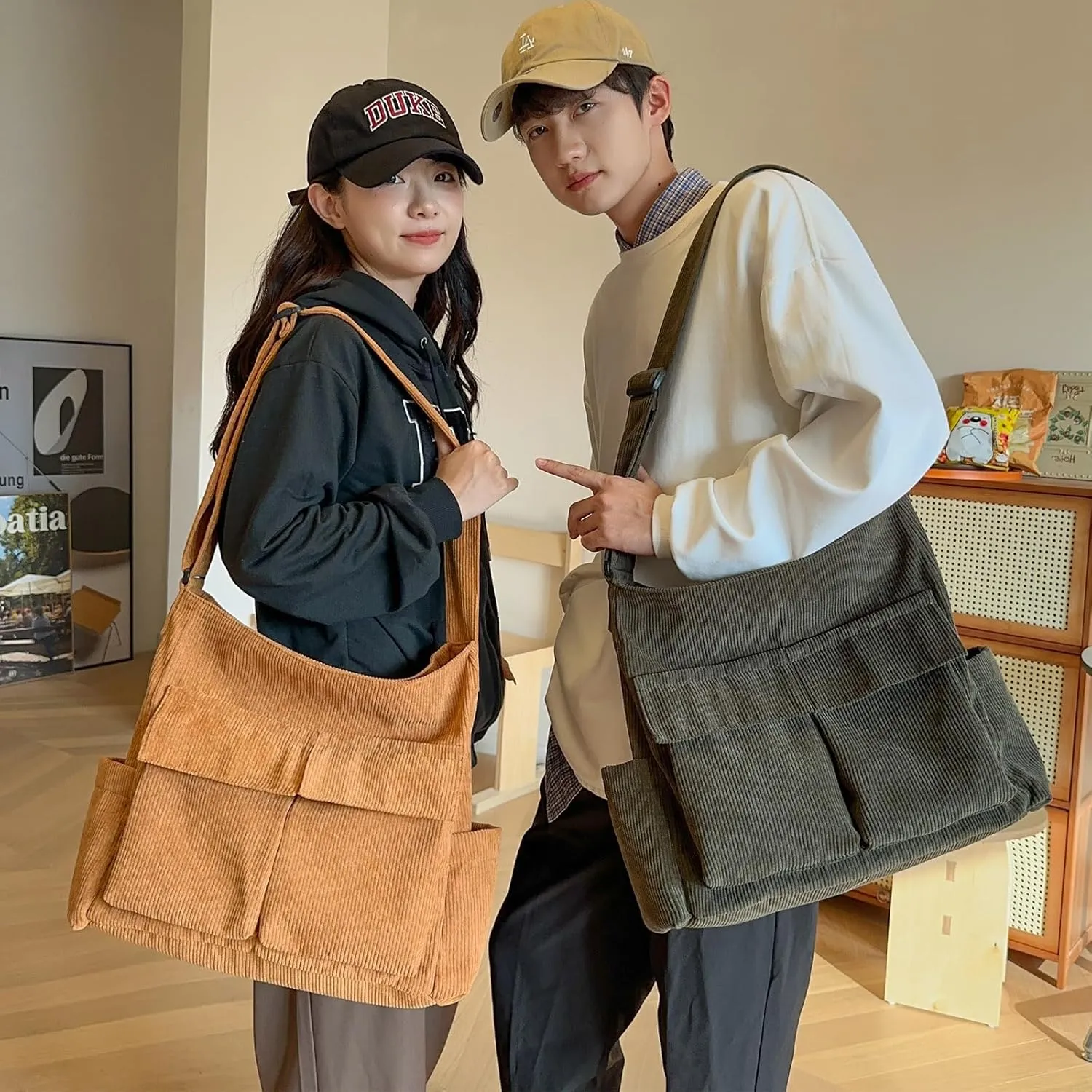 Large Corduroy Tote Bag for Women with Pocket,Hobo Crossbody Bags for Women Shoulder Bag Men Purses and Handbags