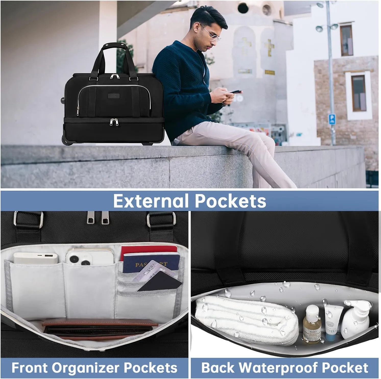 Large Duffle Bag with Wheels, ETRONIK Rolling Weekender Bags with Shoes Compartment, Toiletry Bag for Men Women, Waterproof Travel Suitcase Bag with Adjustable Strap for Overnight Trip, Black