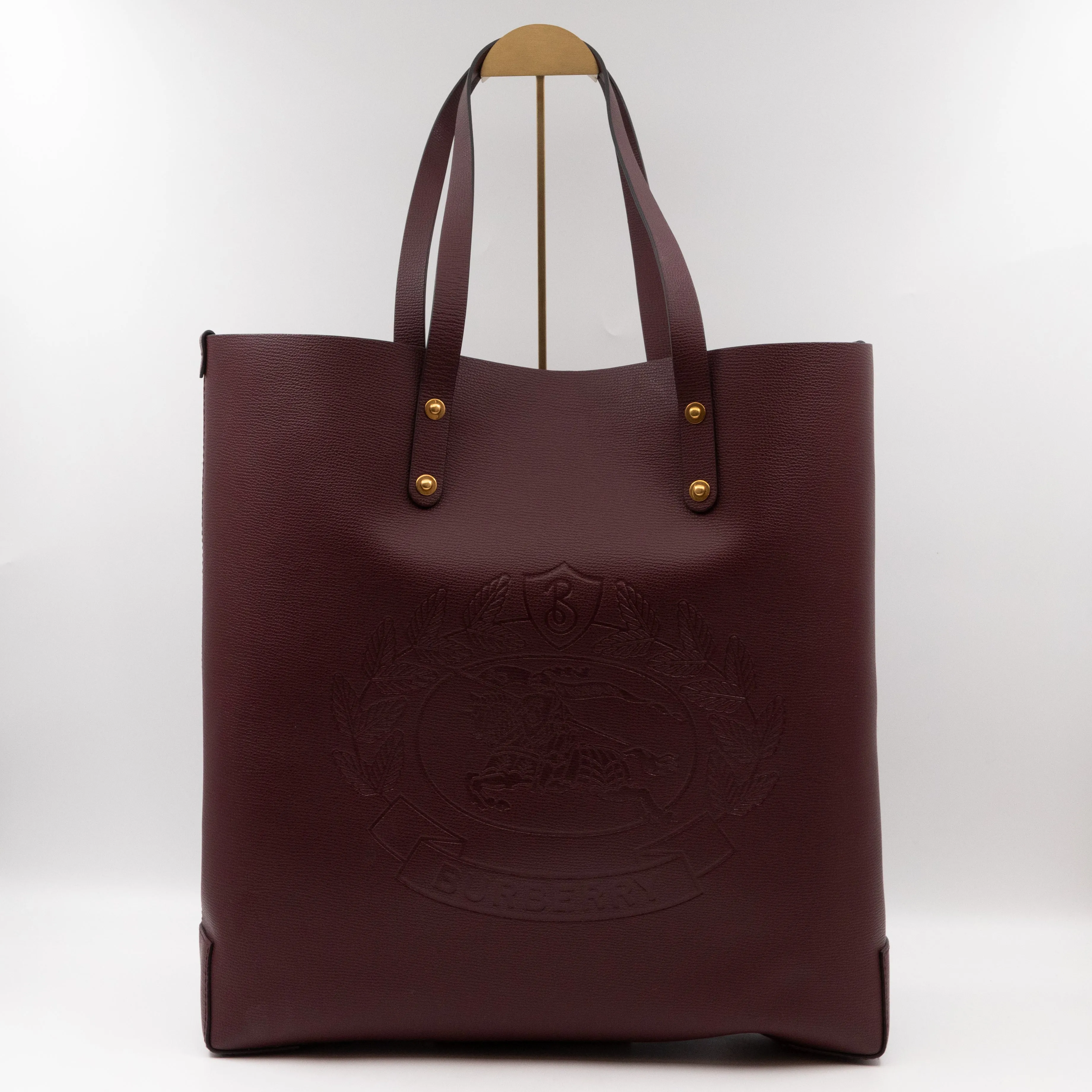 Large Embossed Crest Tote Burgundy Leather & House Check