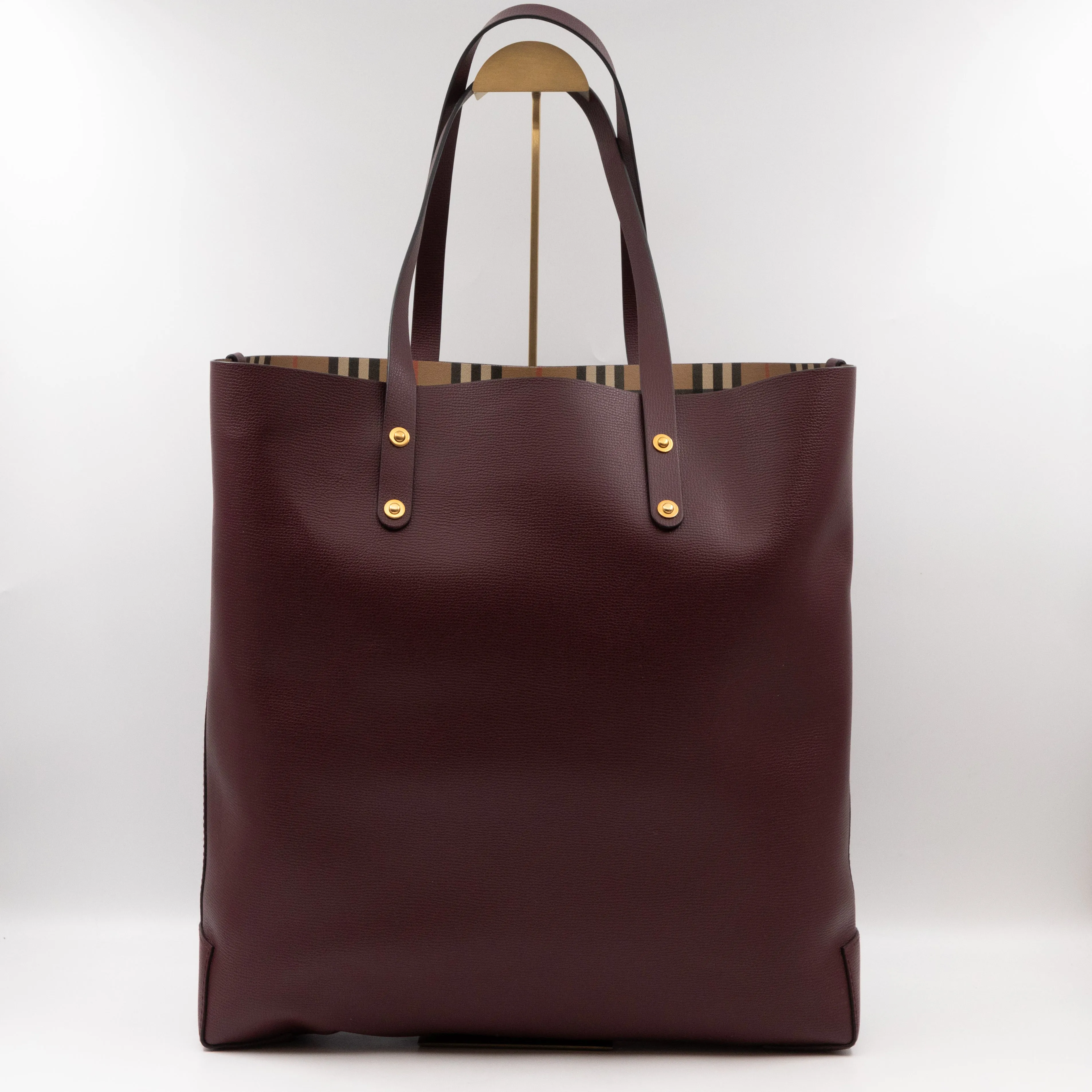 Large Embossed Crest Tote Burgundy Leather & House Check