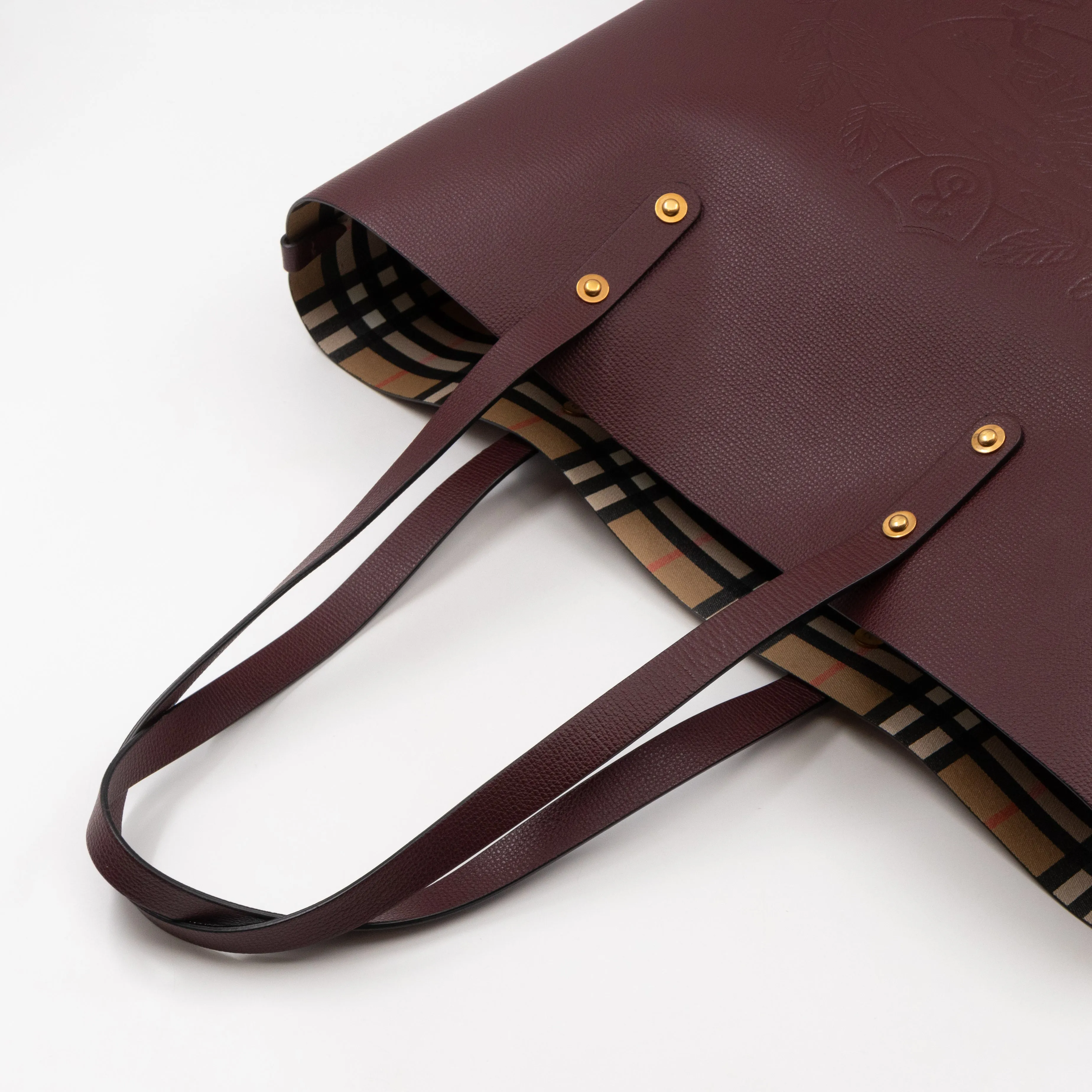 Large Embossed Crest Tote Burgundy Leather & House Check
