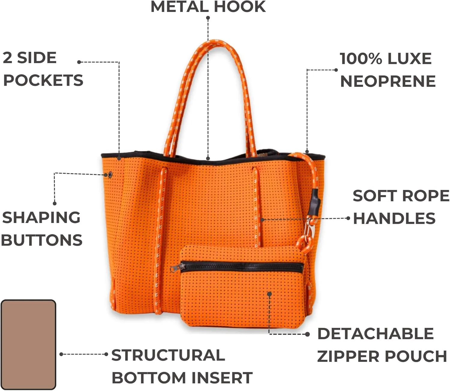 Large Neoprene Tote Bag for Women - Everyday Designer Handbag for Travel Work and Beach with Pockets and Zipper Pouch