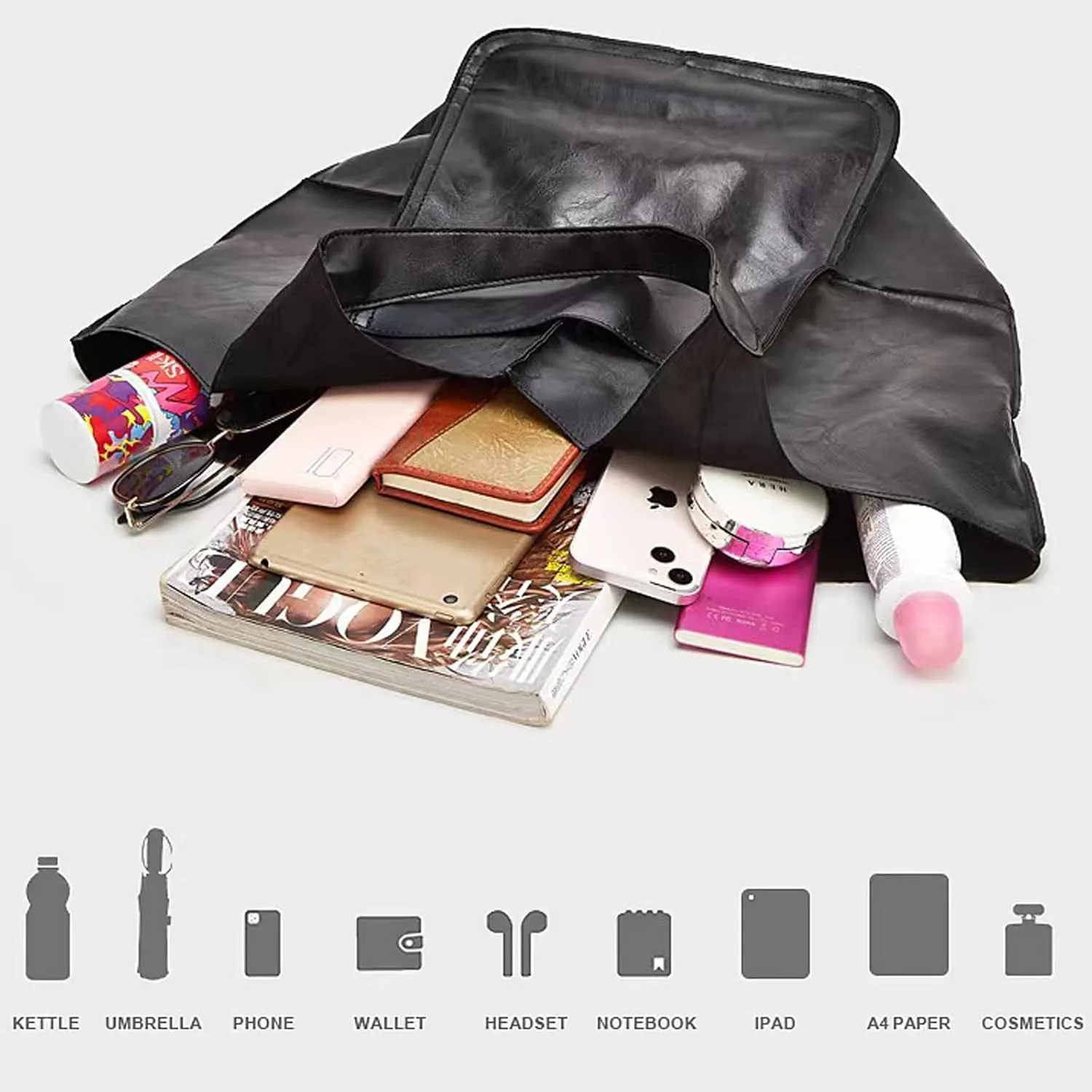 Large Tote Bag for Women Soft Leather Ladies Bucket Purse Portable Large Capacity Handbag for Gym, Travel, Work, Shopping