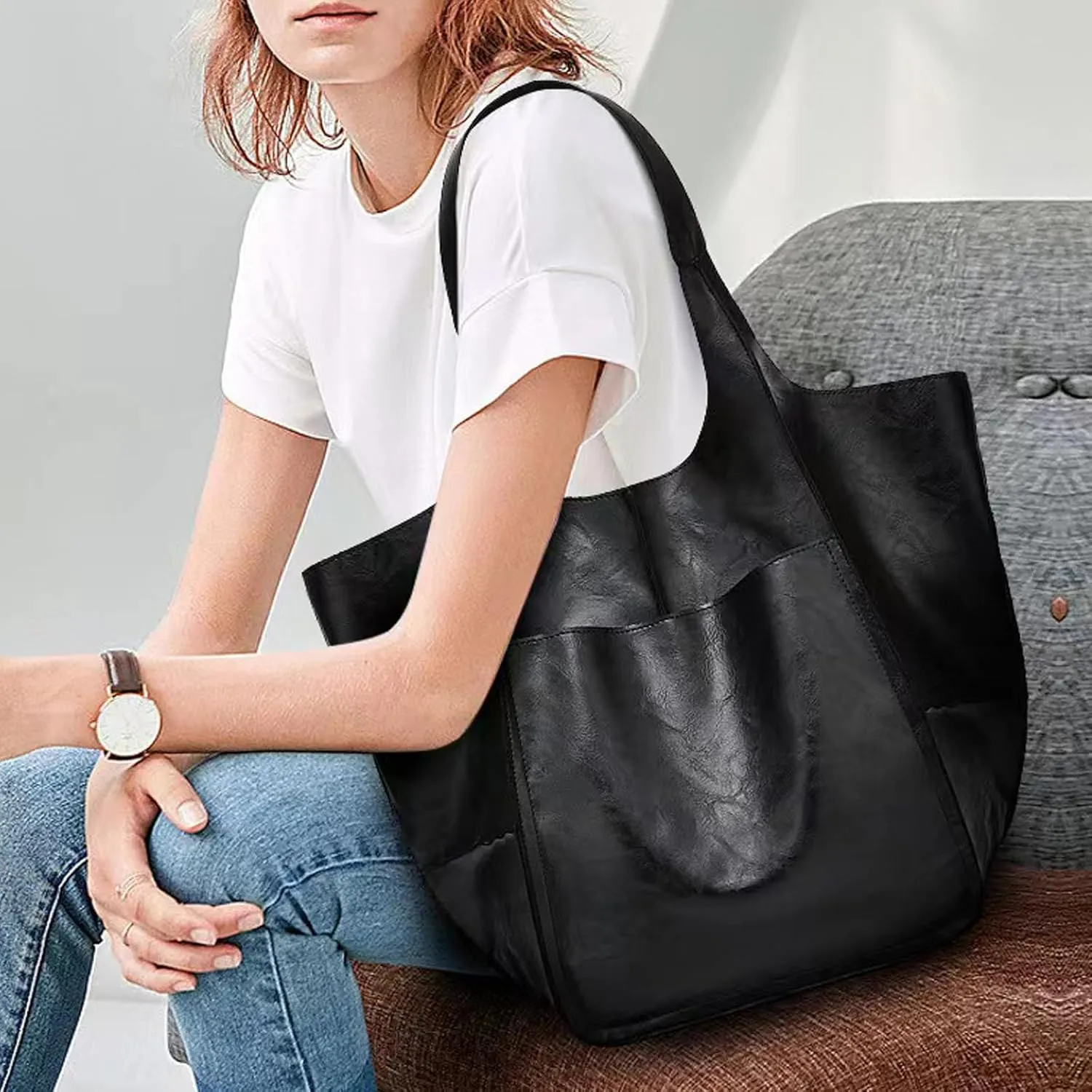 Large Tote Bag for Women Soft Leather Ladies Bucket Purse Portable Large Capacity Handbag for Gym, Travel, Work, Shopping