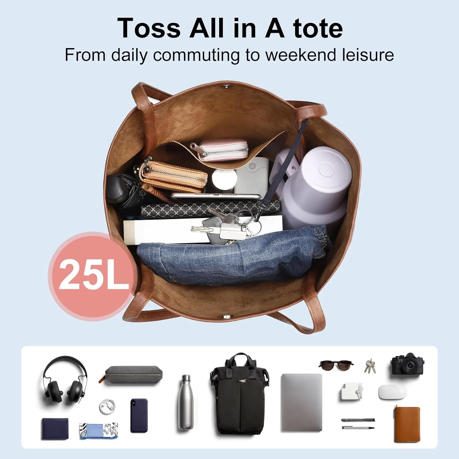 Large Tote Bag for Women Work 25L Travel Vegan Leather Ladies Handbags Weekender Purses