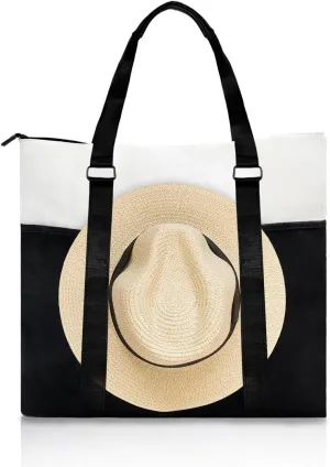 Large Travel Tote with Hat Holder Strap, Beach Bag with Leather Accents