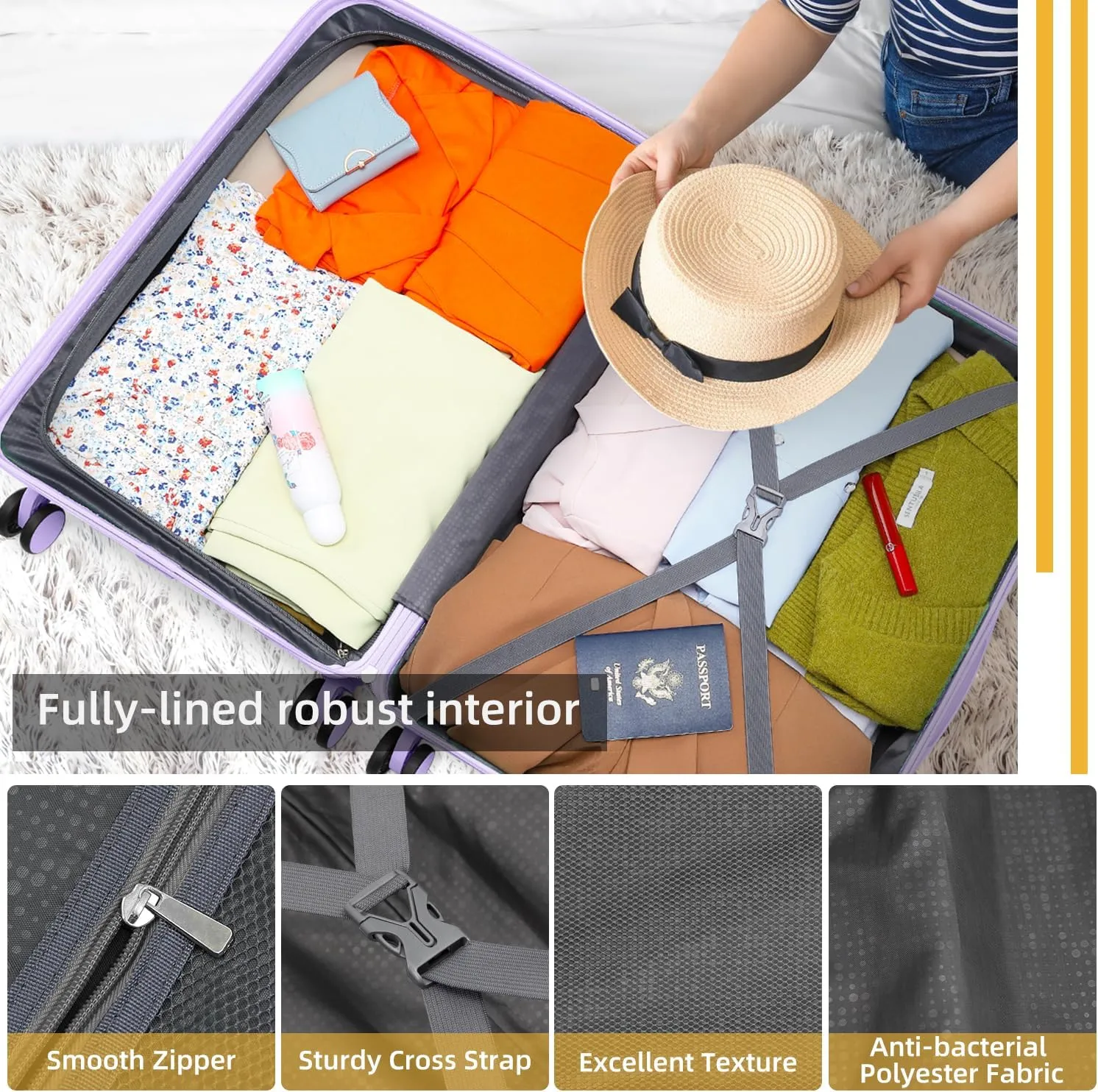LARVENDER Luggage Sets 3 Piece with Duffel Bag Hardside PP Carry On Suitcase with 360° Spinner Wheels TSA Lock Luggage Sets for Women, Lavender