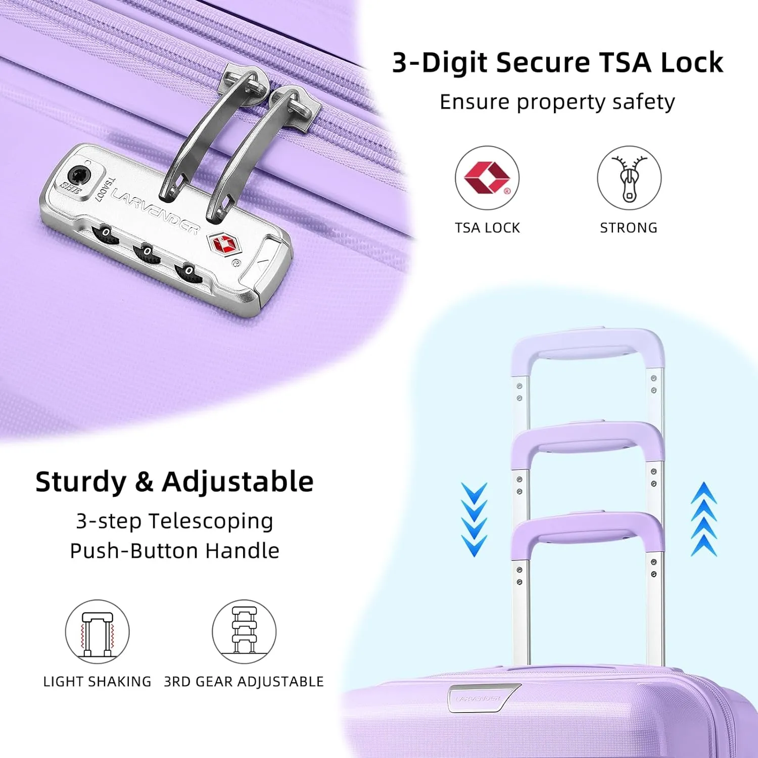 LARVENDER Luggage Sets 3 Piece with Duffel Bag Hardside PP Carry On Suitcase with 360° Spinner Wheels TSA Lock Luggage Sets for Women, Lavender