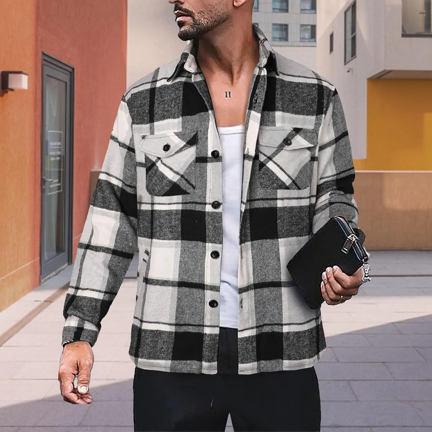 LCMTWX Mens Plaid Flannel Jacket Pullover Sweatshirt Jacket Button Collar Warm Sweater Coat with Hood for Men Sherpa Button