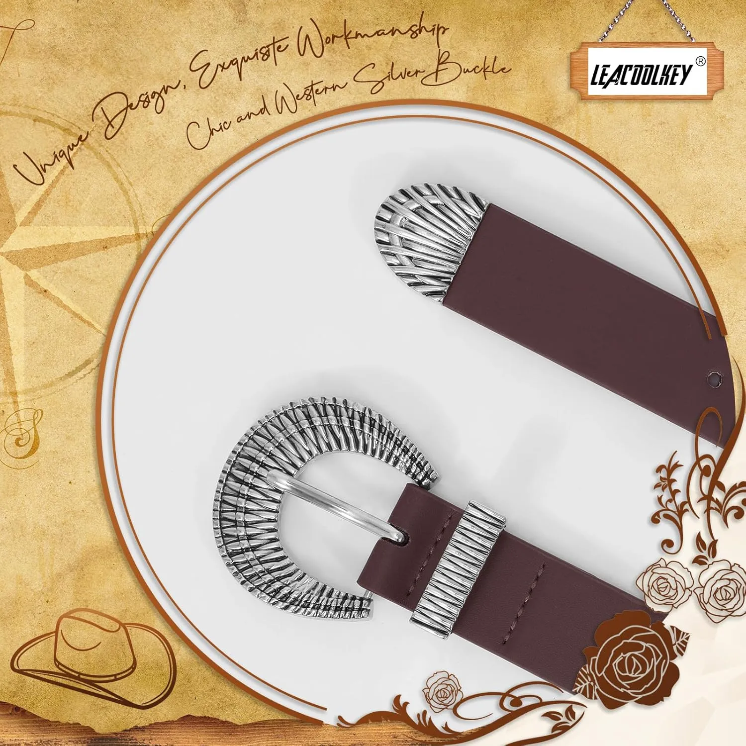 LEACOOLKEY Western Leather Belt for Women Vintage Design Buckle Waist Belt for Jeans Dress