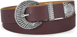 LEACOOLKEY Western Leather Belt for Women Vintage Design Buckle Waist Belt for Jeans Dress