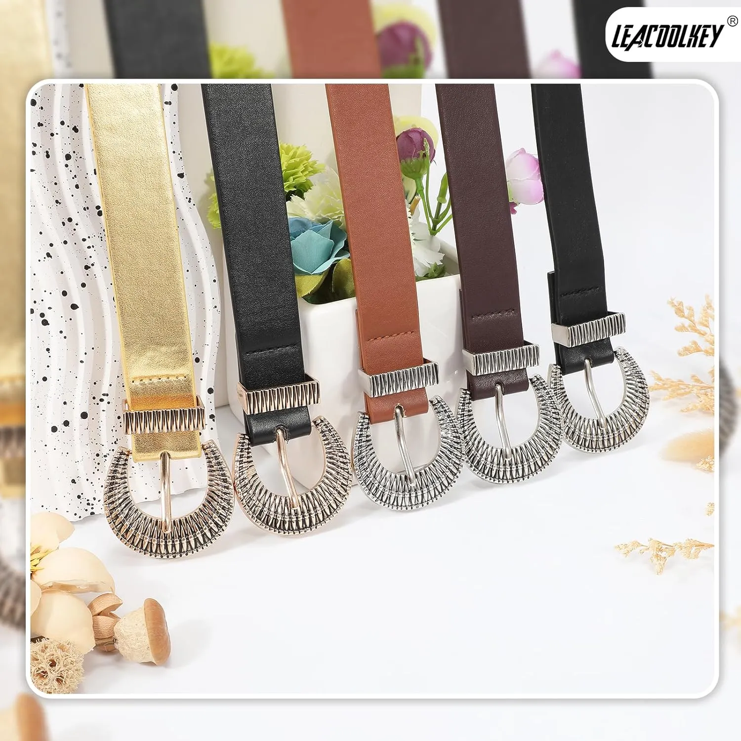 LEACOOLKEY Western Leather Belt for Women Vintage Design Buckle Waist Belt for Jeans Dress