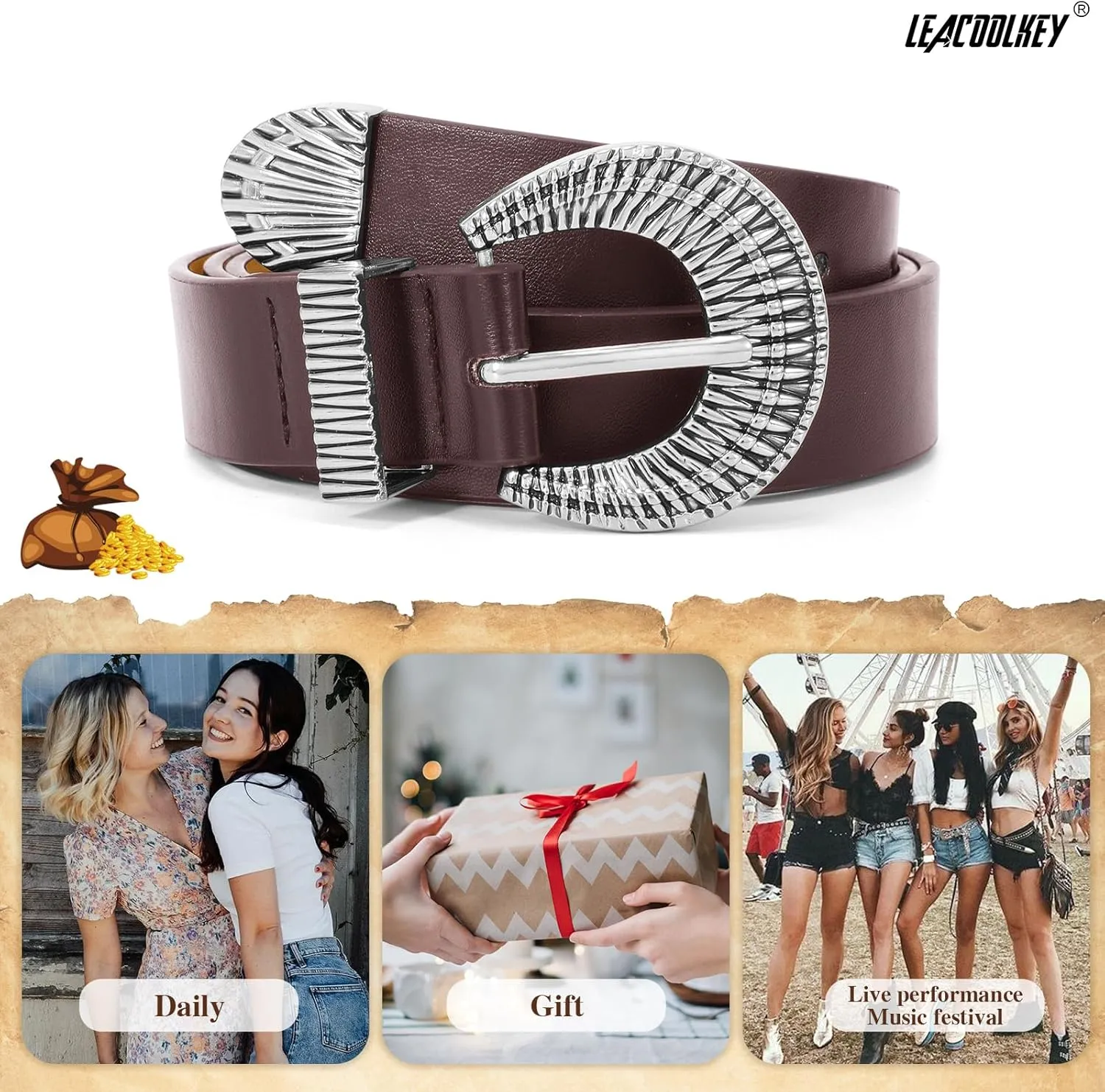 LEACOOLKEY Western Leather Belt for Women Vintage Design Buckle Waist Belt for Jeans Dress