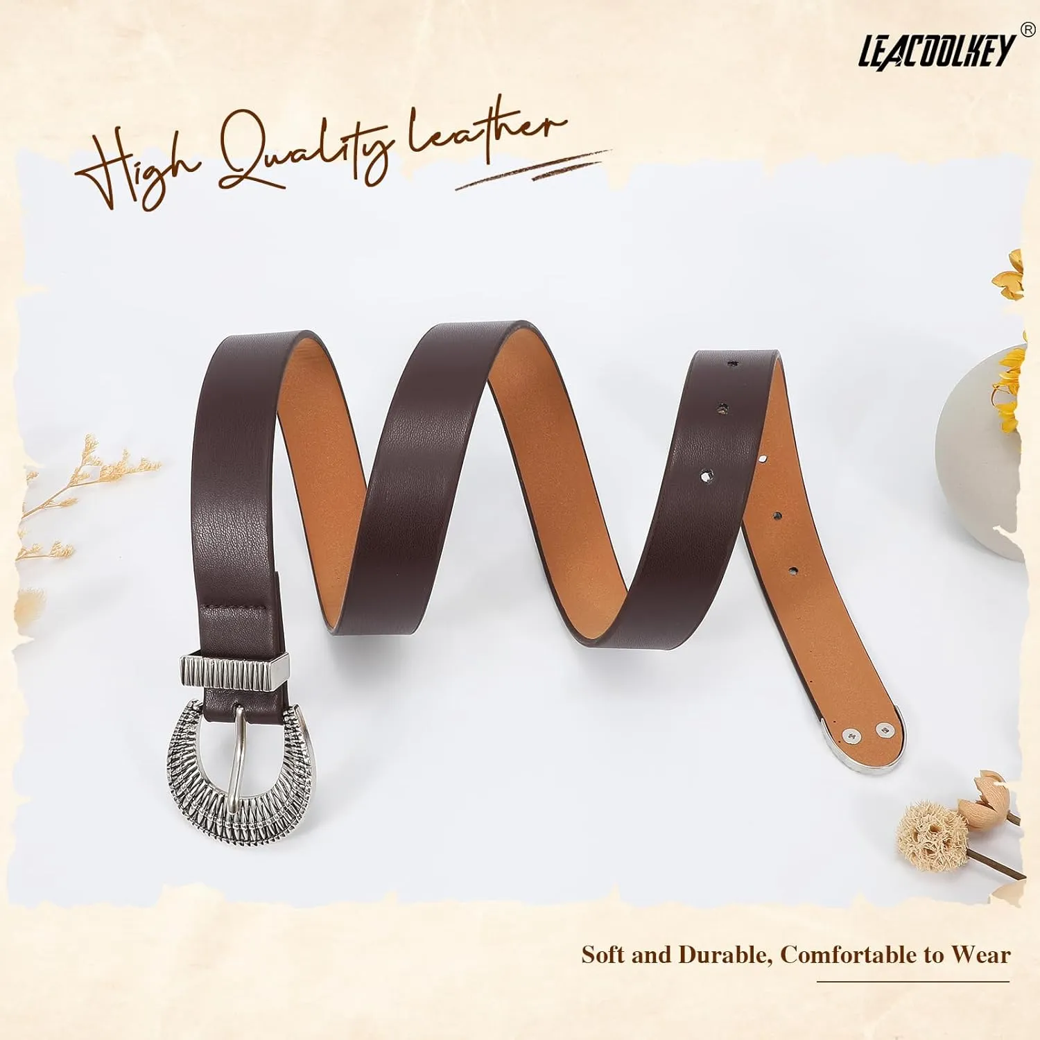 LEACOOLKEY Western Leather Belt for Women Vintage Design Buckle Waist Belt for Jeans Dress