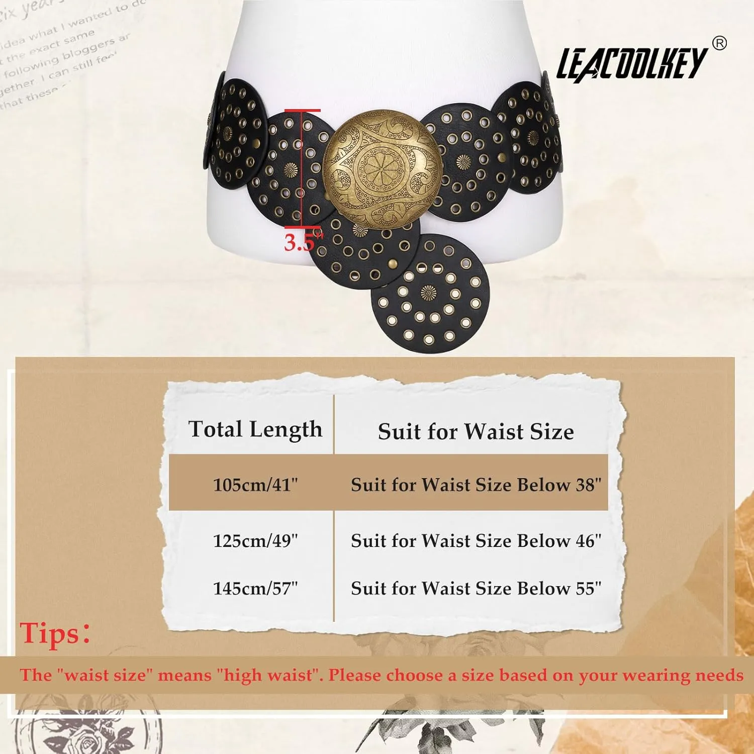 LEACOOLKEY Women Western Leather Belt Boho Dics Conch Waist Belt for Dress Jeans