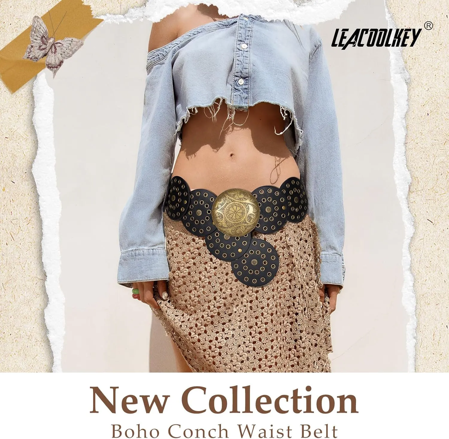 LEACOOLKEY Women Western Leather Belt Boho Dics Conch Waist Belt for Dress Jeans