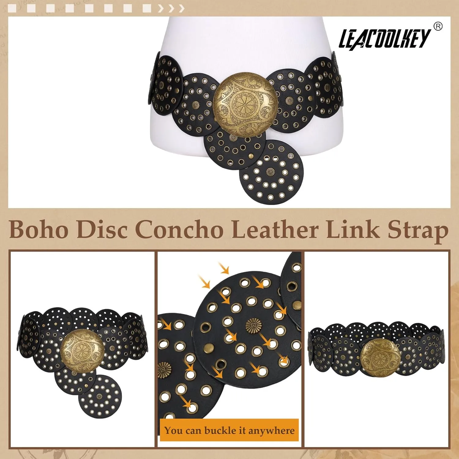 LEACOOLKEY Women Western Leather Belt Boho Dics Conch Waist Belt for Dress Jeans