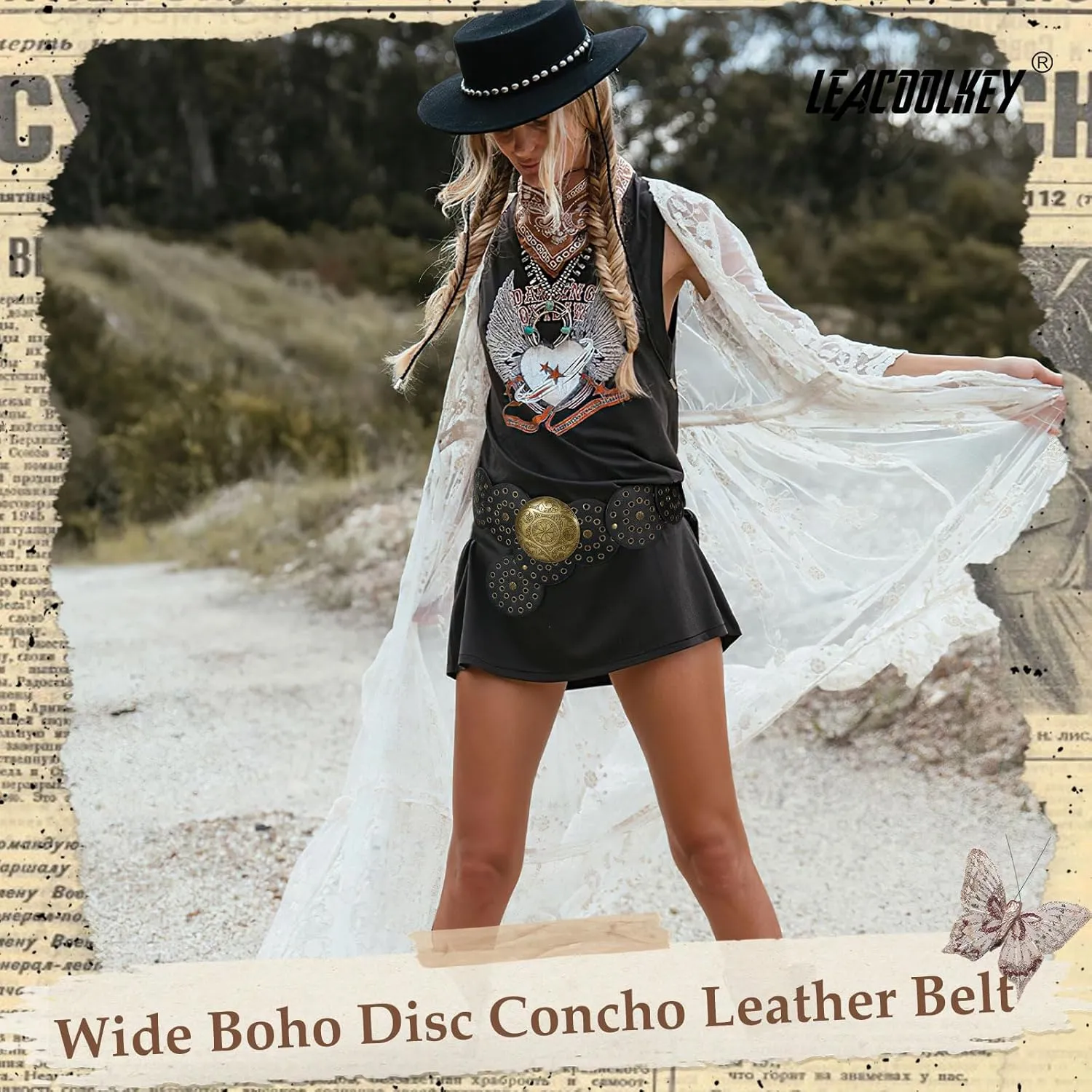 LEACOOLKEY Women Western Leather Belt Boho Dics Conch Waist Belt for Dress Jeans