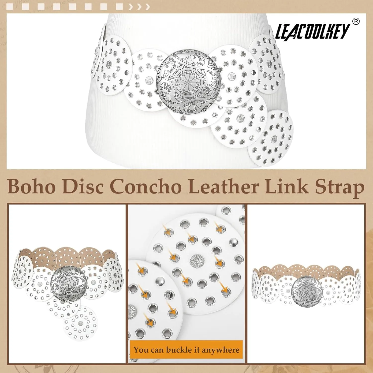 LEACOOLKEY Women Western Leather Belt Boho Dics Conch Waist Belt for Dress Jeans