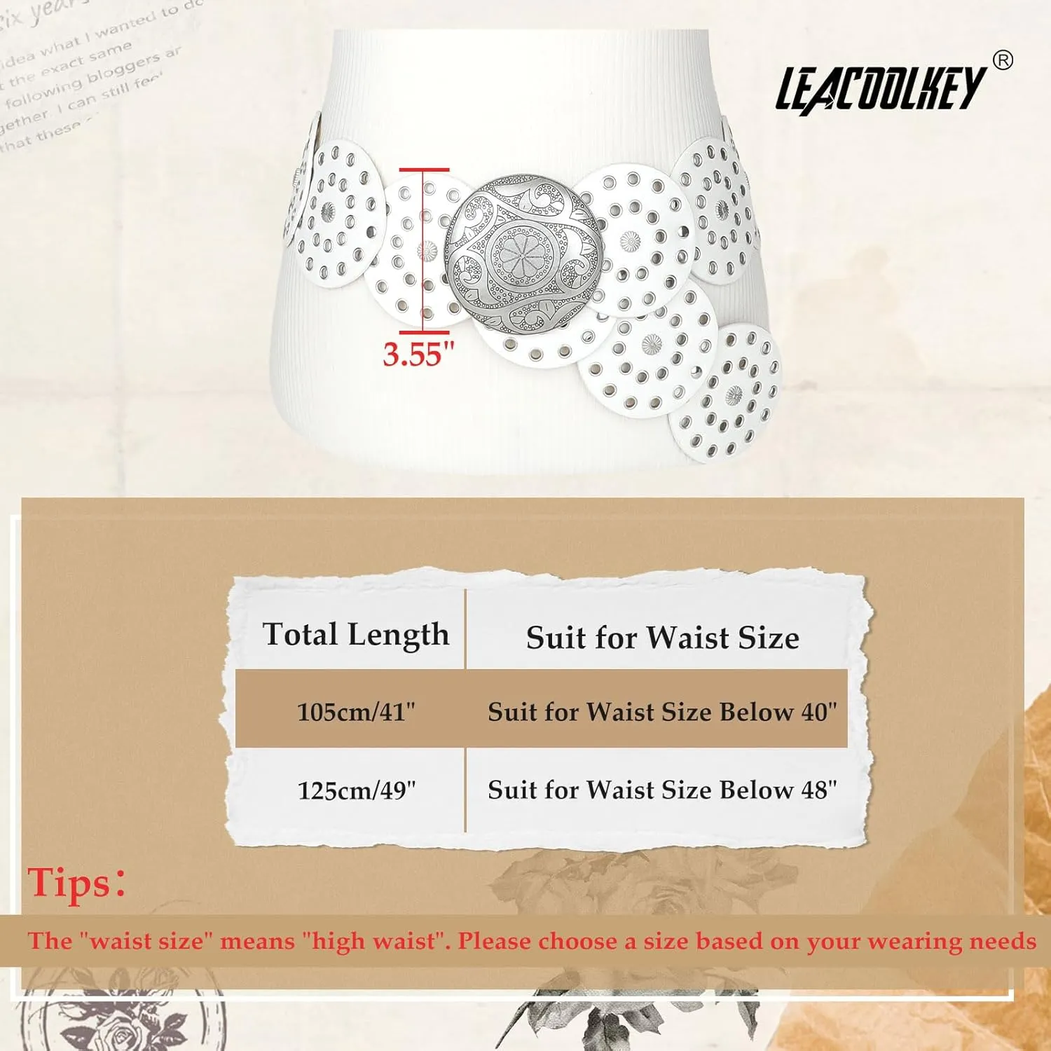 LEACOOLKEY Women Western Leather Belt Boho Dics Conch Waist Belt for Dress Jeans