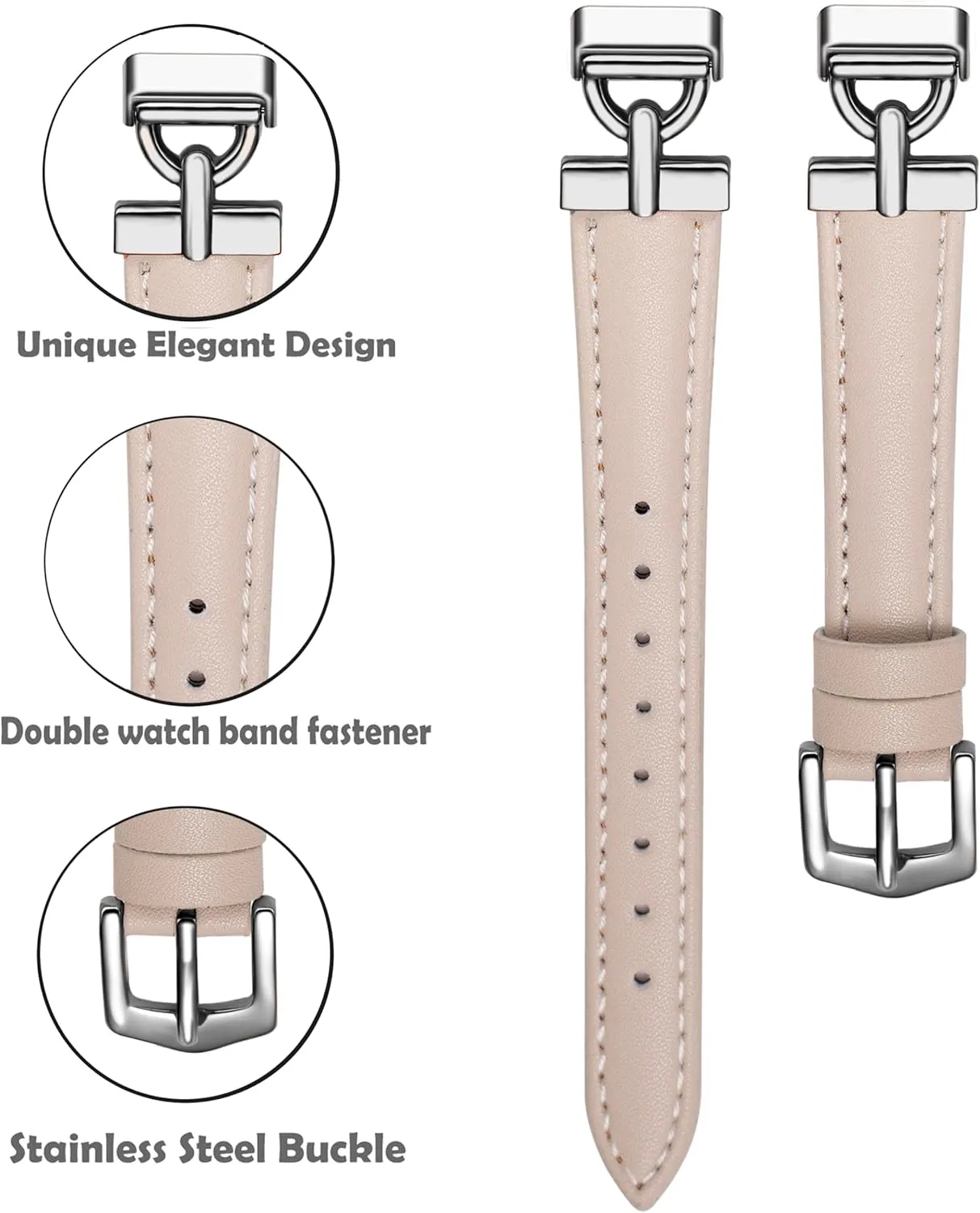 Leather Bands Compatible with Fitbit Inspire 3 Bands, Replacement D-Shaped Watch Straps Soft Wristband for Fitbit Inspire 3 Fitness Tracker Women&Men (Beige/Silver)