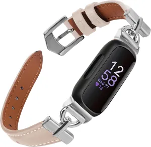 Leather Bands Compatible with Fitbit Inspire 3 Bands, Replacement D-Shaped Watch Straps Soft Wristband for Fitbit Inspire 3 Fitness Tracker Women&Men (Beige/Silver)