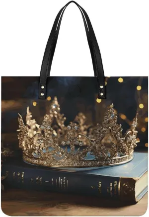 Leather Tote Shoulder Handbag Crown Vintage Book Tote Bag for Woman Shopping Bags for Work Travel