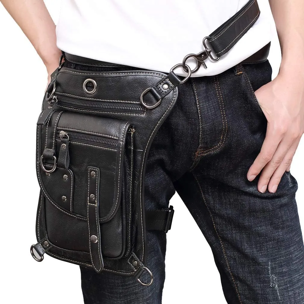 Leather Waist Pack Drop Leg Bag for Men Women Belt Bumbag Multi-Purpose Motorcycle Bike Outdoor Sports Tactical Cycling Riding Hiking Camping Pouch