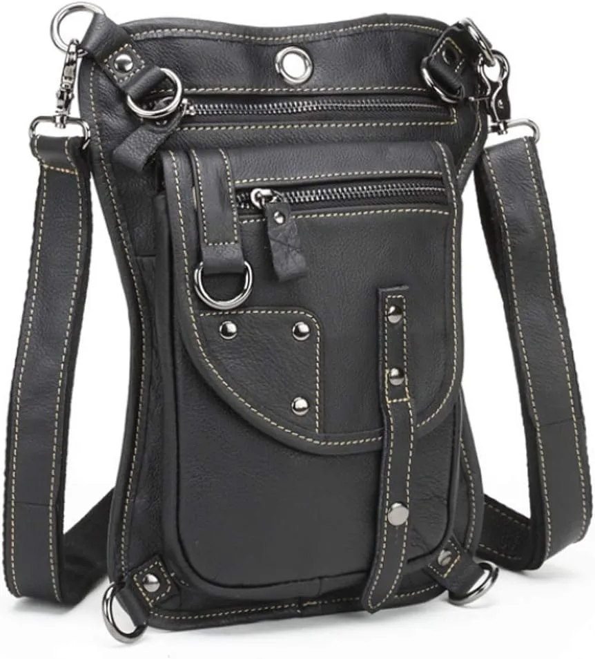 Leather Waist Pack Drop Leg Bag for Men Women Belt Bumbag Multi-Purpose Motorcycle Bike Outdoor Sports Tactical Cycling Riding Hiking Camping Pouch