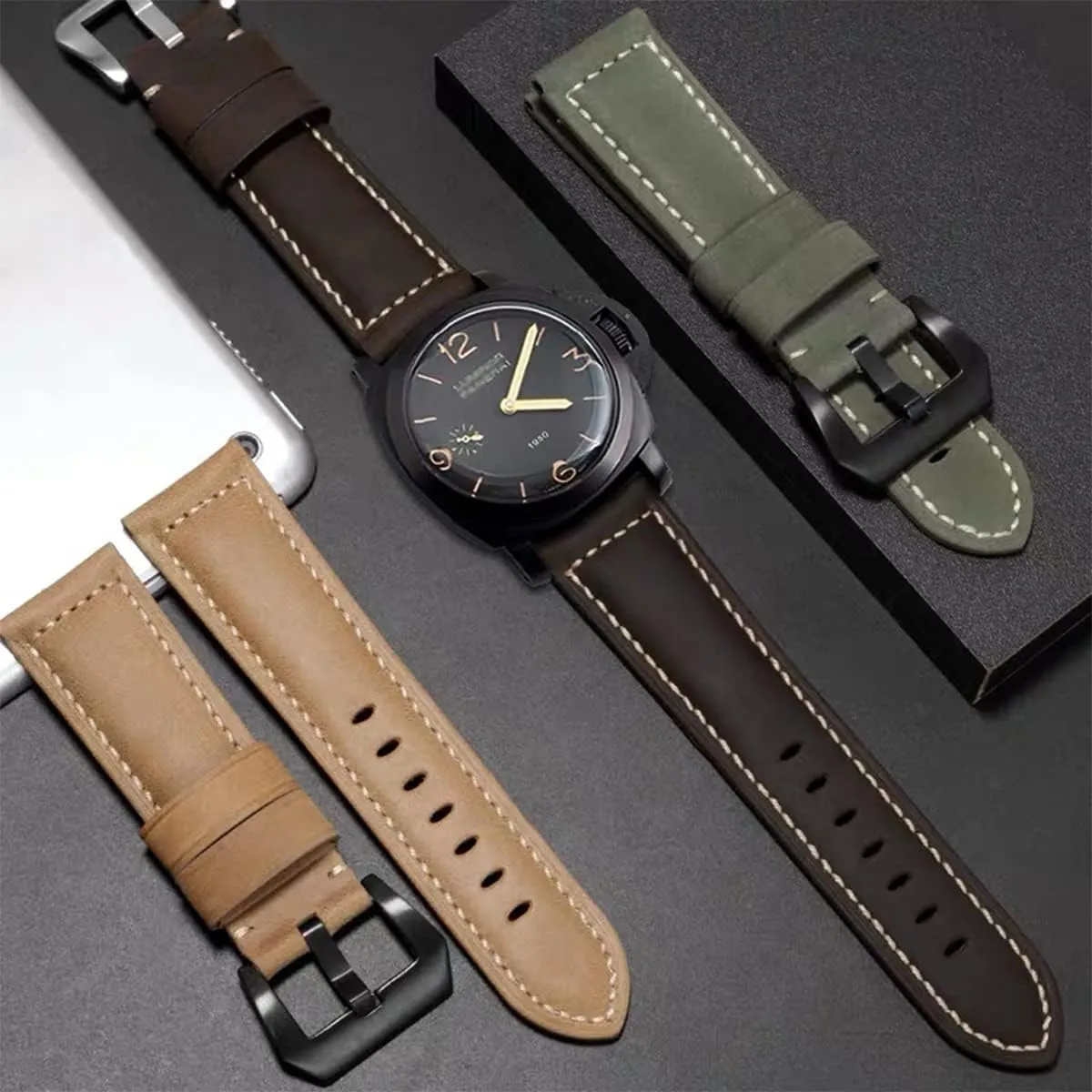 Leather Watch Bands for Men, Vintage Top Grain Leather Watch Strap Compatible with Panerai Watch Band, Genuine Leather Bracelet Watch Replacement Band 20mm 22mm 24mm 26mm