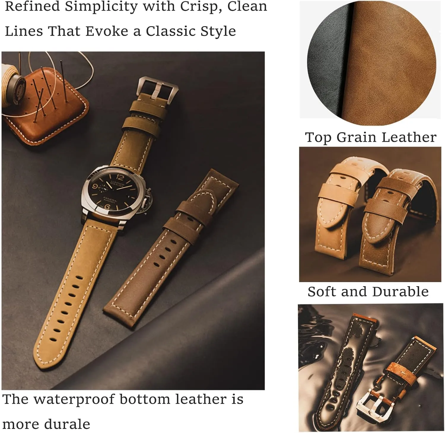 Leather Watch Bands for Men, Vintage Top Grain Leather Watch Strap Compatible with Panerai Watch Band, Genuine Leather Bracelet Watch Replacement Band 20mm 22mm 24mm 26mm