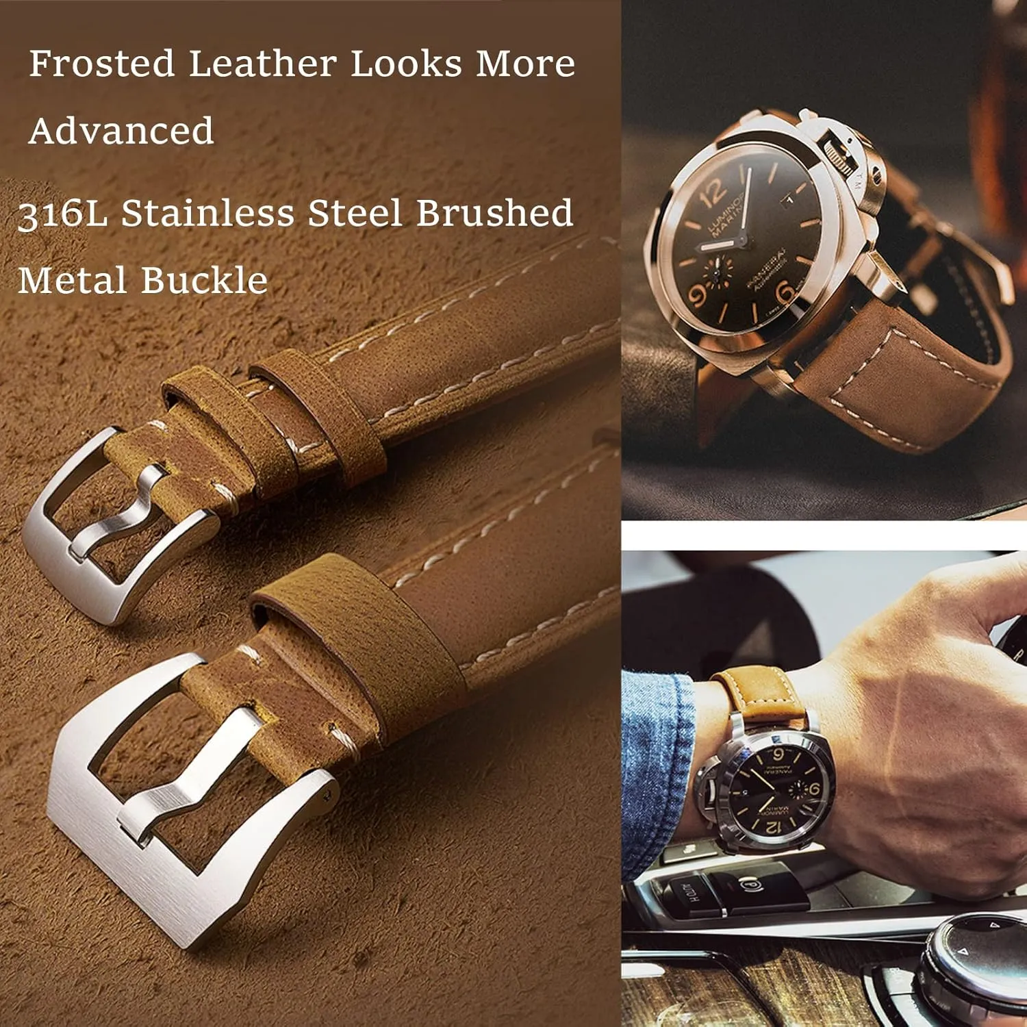 Leather Watch Bands for Men, Vintage Top Grain Leather Watch Strap Compatible with Panerai Watch Band, Genuine Leather Bracelet Watch Replacement Band 20mm 22mm 24mm 26mm