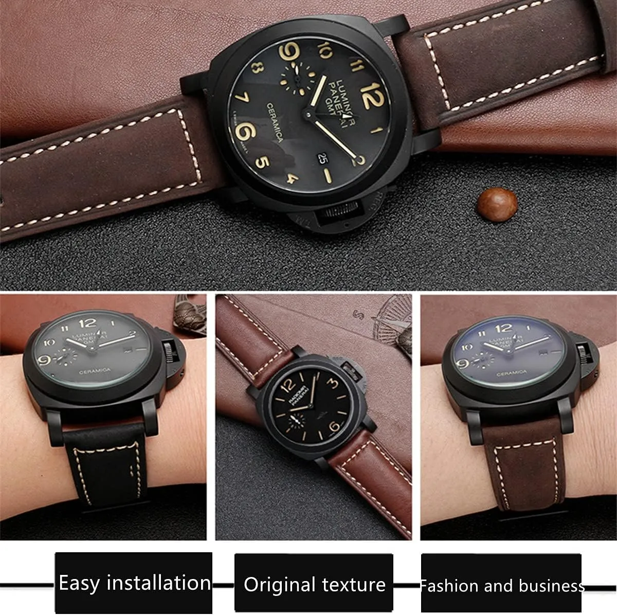 Leather Watch Bands for Men, Vintage Top Grain Leather Watch Strap Compatible with Panerai Watch Band, Genuine Leather Bracelet Watch Replacement Band 20mm 22mm 24mm 26mm