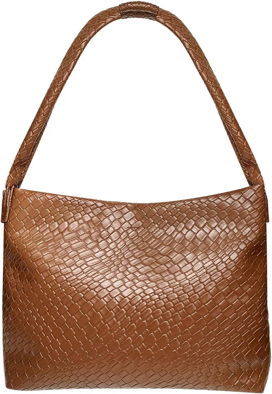 Leather Woven Hobo Slouchy Bag for Women - Soft Vegan Shoulder Top-Handled Tote Purse