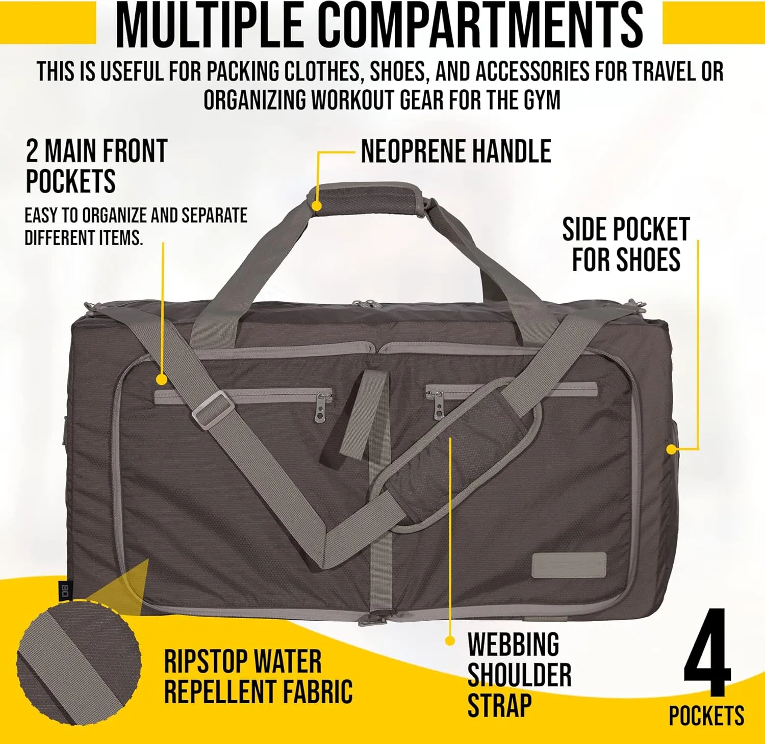 LEGEND 40L Foldable Duffle Bag for Travel - Packable Duffle Bags w/Shoe Compartment - Tear Resistant Collapsible Duffel Bags for Traveling - Lightweight Folding Duffel Bag for Men & Women -Chocolate