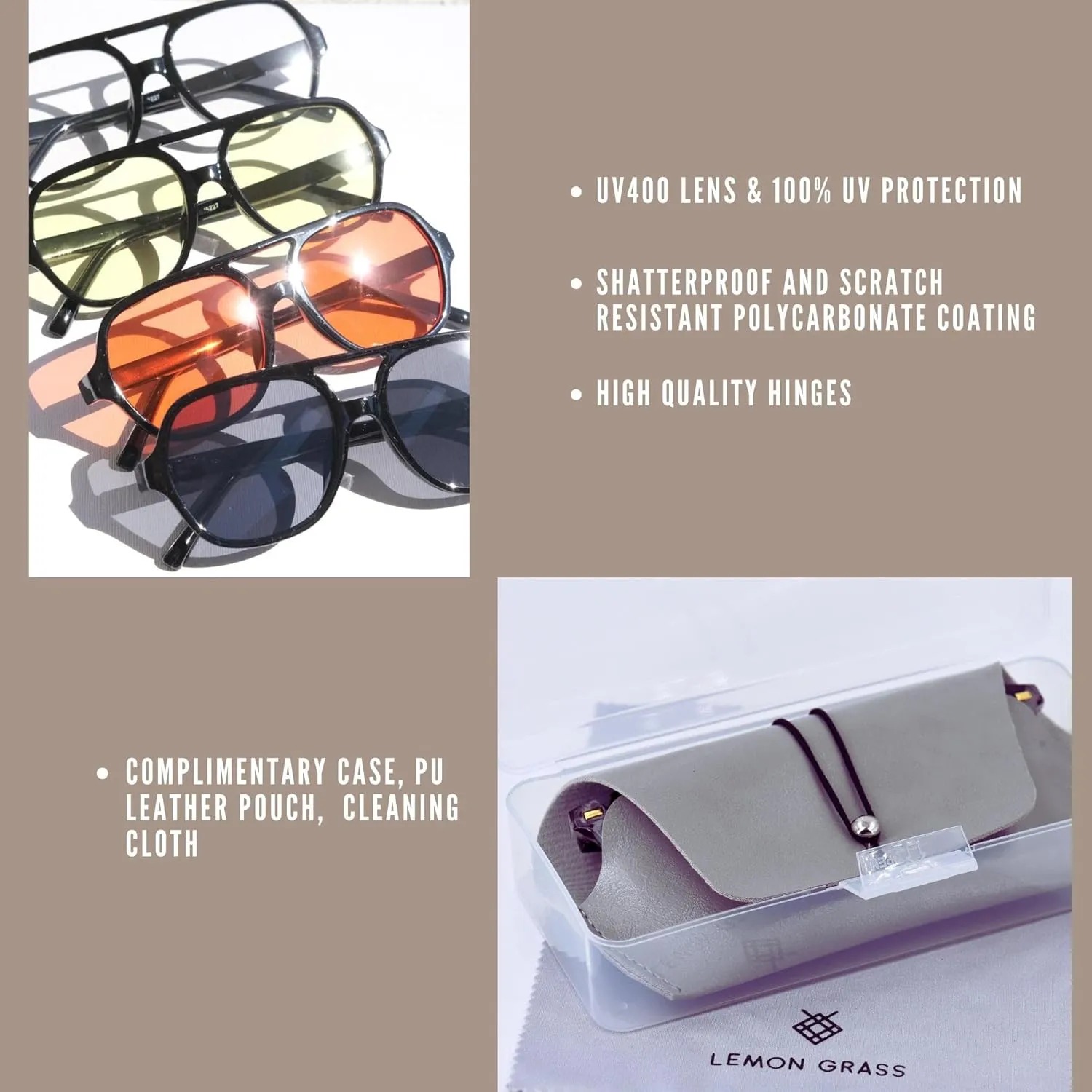 LEMON GRASS Retro Oversized Plastic Avaitor Sunglasses for Women Fashion Shades 70s