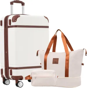Lightweight 28-Inch Hardshell Luggage Set with Duffel and Toiletry Bag, Double Spinner Wheels, Expandable, White