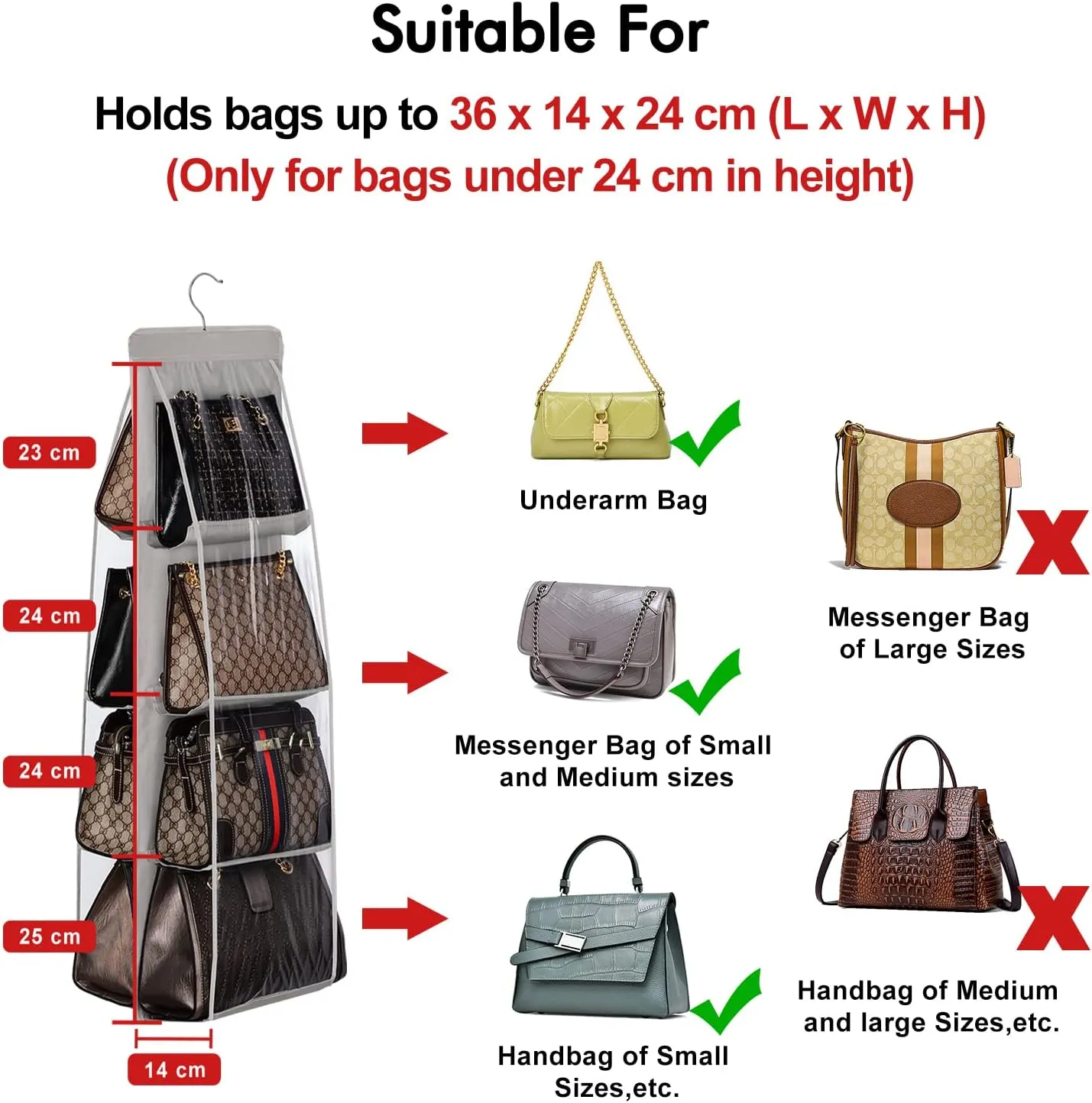Lirex 2-Pack Handbag Hanging Purse Organizer for Closet, 8 Pocket Handbag Storage Organizer Hanger Oxford Cloth Closet Organizer for Family Closet Bedroom, Foldable and Universal Fit, Pink