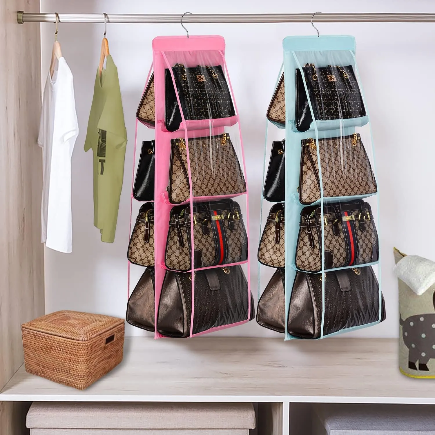 Lirex 2-Pack Handbag Hanging Purse Organizer for Closet, 8 Pocket Handbag Storage Organizer Hanger Oxford Cloth Closet Organizer for Family Closet Bedroom, Foldable and Universal Fit, Pink