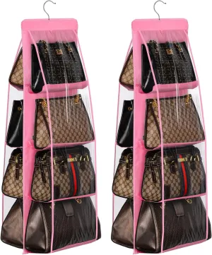 Lirex 2-Pack Handbag Hanging Purse Organizer for Closet, 8 Pocket Handbag Storage Organizer Hanger Oxford Cloth Closet Organizer for Family Closet Bedroom, Foldable and Universal Fit, Pink