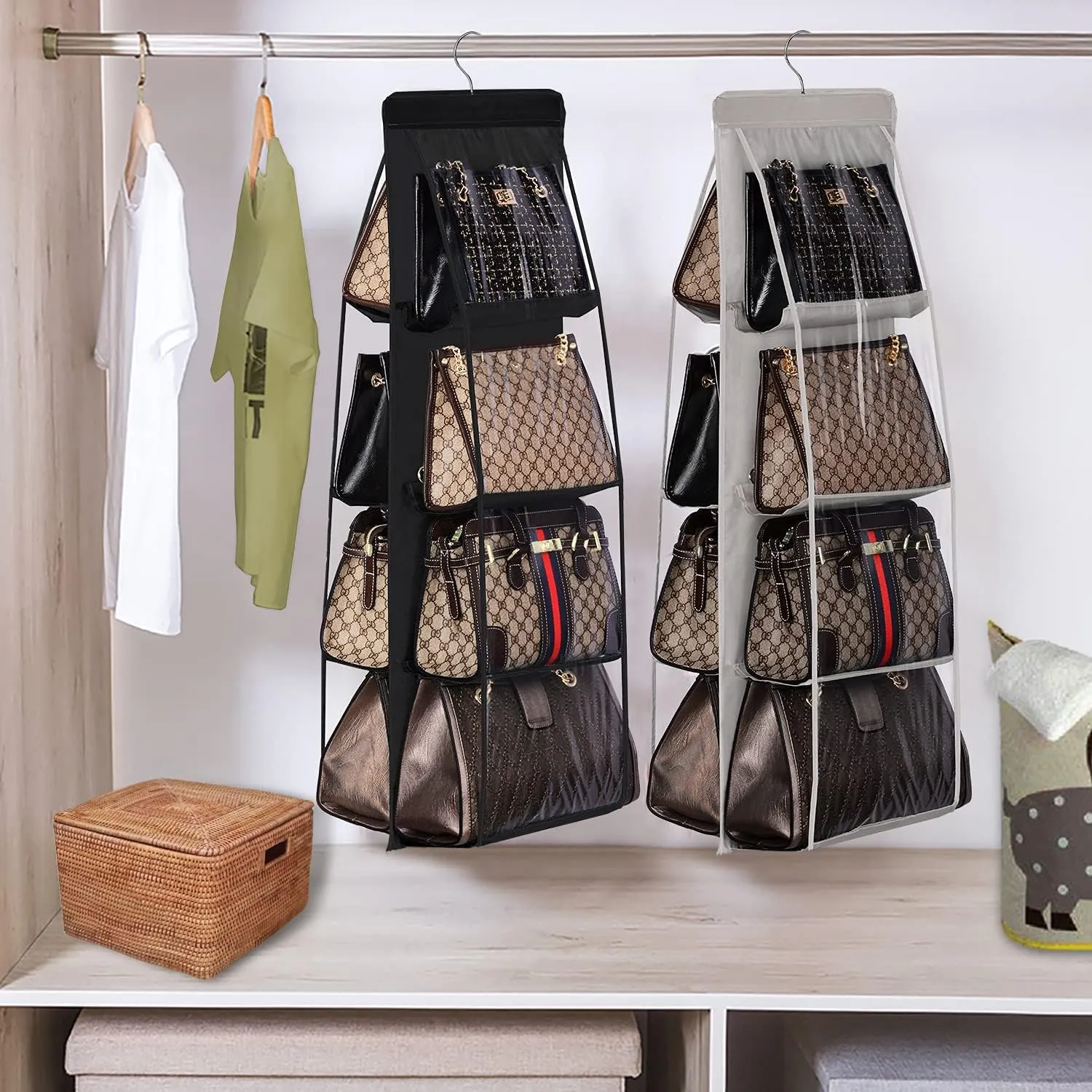 Lirex 8-Pocket Hanging Purse Organizer for Closet - Oxford Cloth Storage System with Double Layer Protection (39.37" x 13.38"),Grey