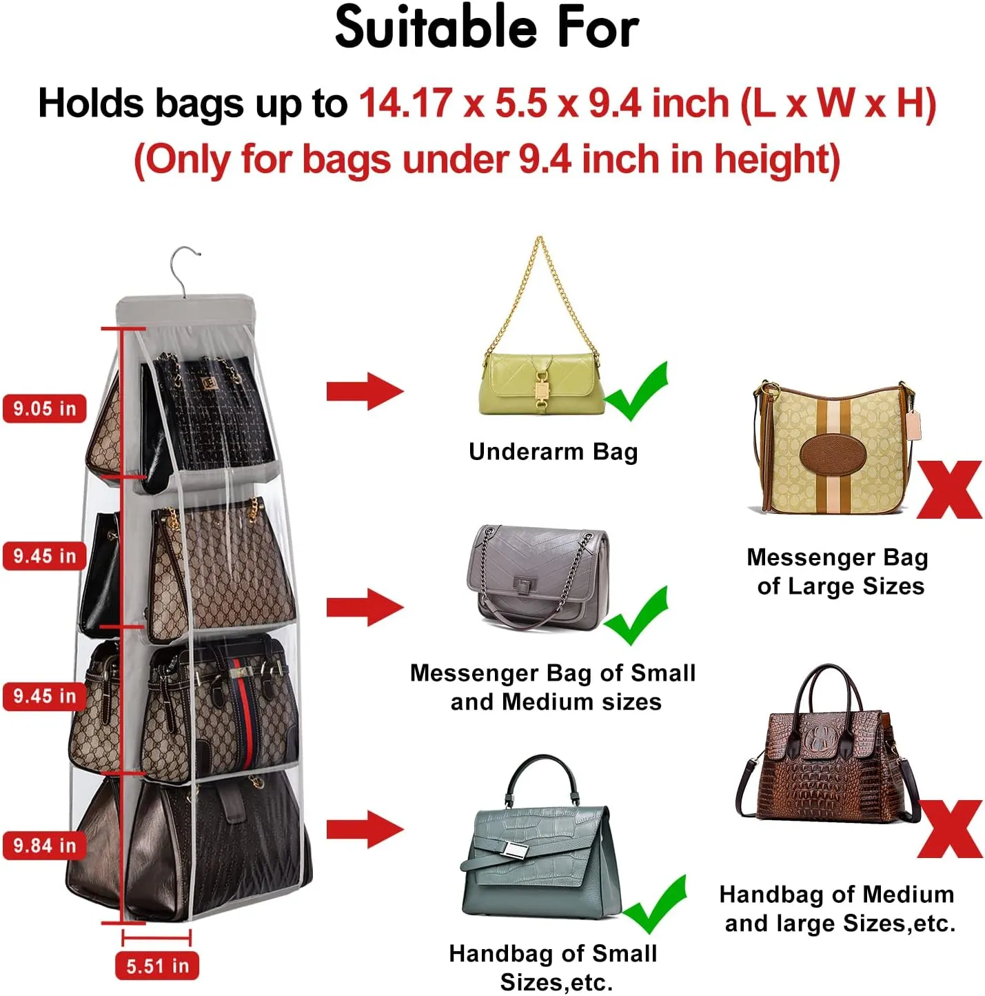 Lirex 8-Pocket Hanging Purse Organizer for Closet - Oxford Cloth Storage System with Double Layer Protection (39.37" x 13.38"),Grey