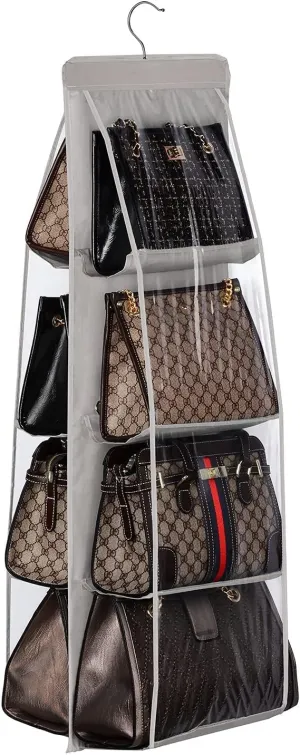 Lirex 8-Pocket Hanging Purse Organizer for Closet - Oxford Cloth Storage System with Double Layer Protection (39.37" x 13.38"),Grey